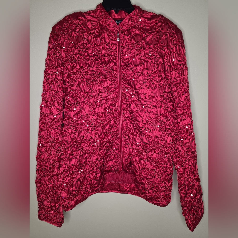 Bay Studio Evengings Women's Red Zip Up Long Sleeve Sequin Crinkle Blazer